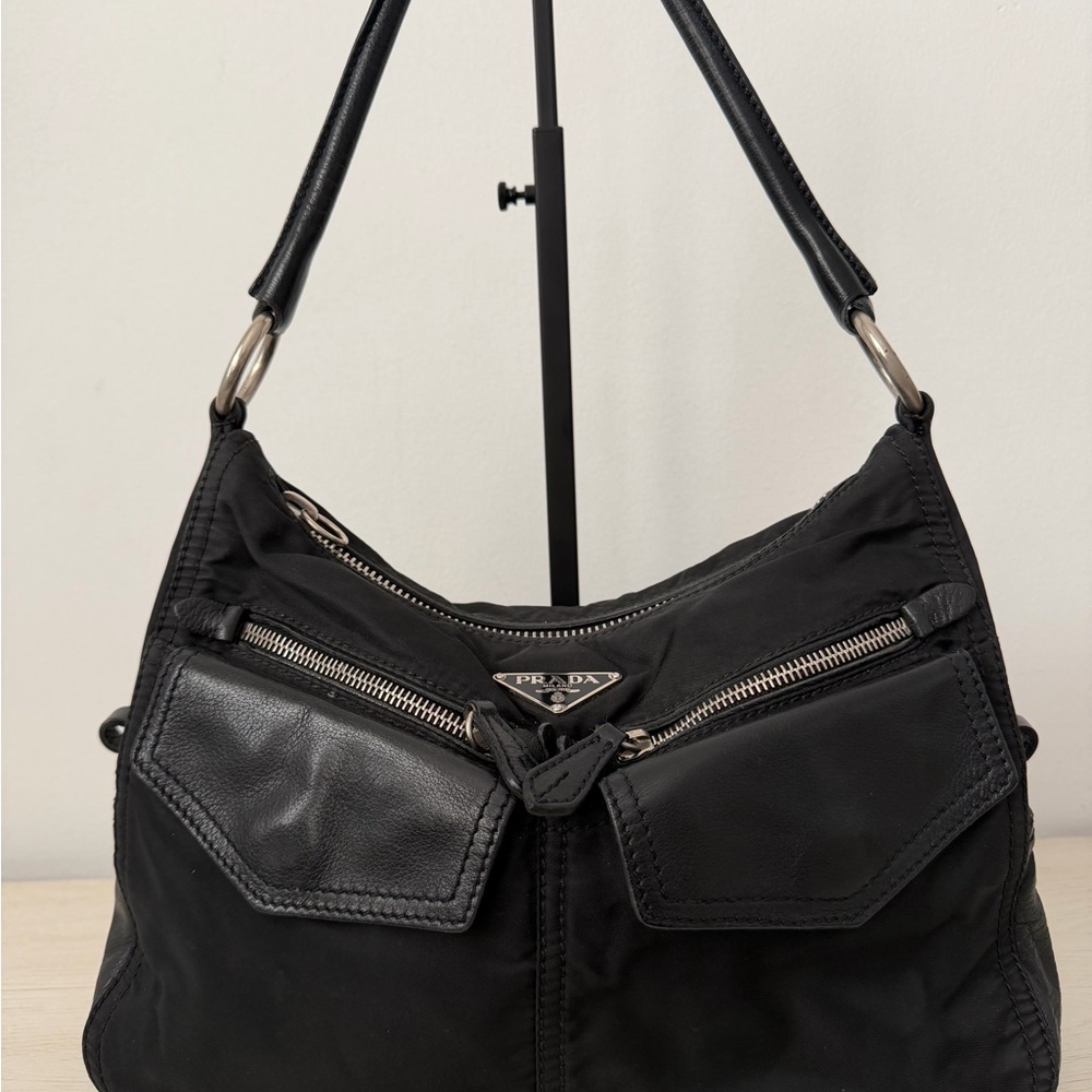 Prada Black Nylon Shoulder Bag with Leather Trim